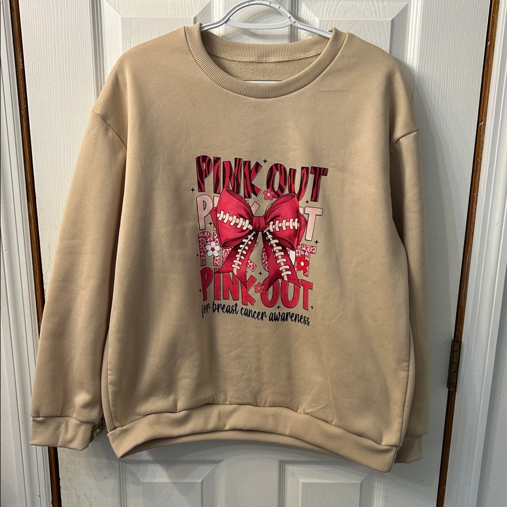 Tan Sweatshirt with Pink Ribbon Design